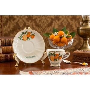 Vintage California Souvenir Teacup and Saucer Set Orange Citrus Gold Trim China